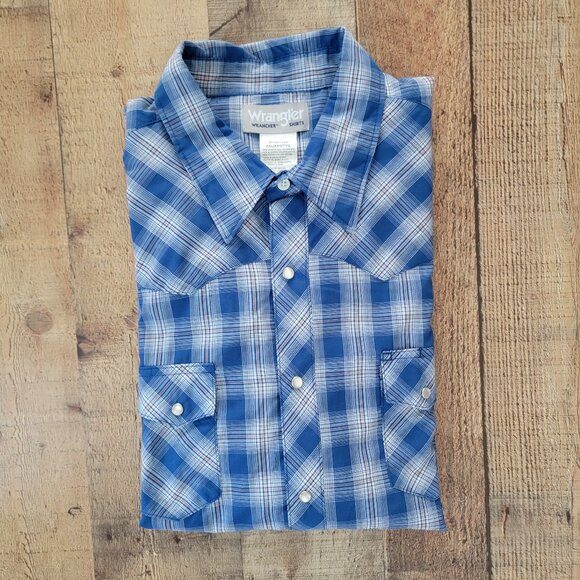 Wrangler Wrancher Men's Blue Plaid Pearl Snap Button-Up Shirt XXL - Picture 2 of 16
